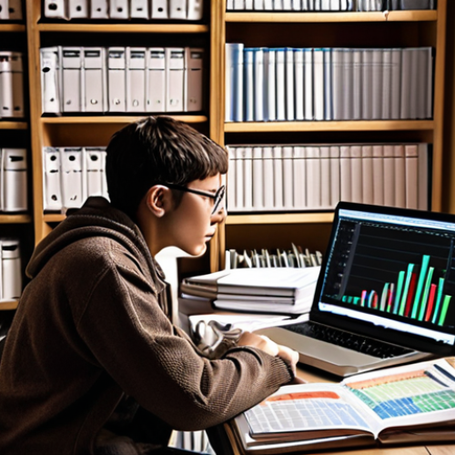 **

A person surrounded by various data analysis books (Excel, Python, R), looking overwhelmed but determined, with a laptop displaying a complex data visualization. The setting is a cozy study room. The image should convey the initial challenge and excitement of starting to learn data analysis.

**