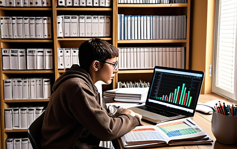 **
A person surrounded by various data analysis books (Excel, Python, R), looking overwhelmed but determined, with a laptop displaying a complex data visualization. The setting is a cozy study room. The image should convey the initial challenge and excitement of starting to learn data analysis.
**