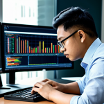 A professional Malaysian data analyst, fully clothed in a modest business shirt, sits focused at a desk in a sleek, modern office. Multiple monitors display complex data visualizations, SQL queries, and Python code, reflecting deep analytical work. The setting is clean and well-lit, emphasizing a high-tech environment. The analyst is engaged in a natural pose, with perfect anatomy, correct proportions, and well-formed hands on a keyboard. This is a high-quality, professional photography, safe for work, appropriate content, and family-friendly image.