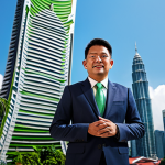 **Main Subject:** A successful architect, standing confidently in front of a completed sustainable building project.
    **Clothing:** Fully clothed in a professional, modern business suit, appropriate attire.
    **Environment:** Bright, sunny day, showcasing the building's innovative design and green features. Kuala Lumpur skyline in the background.
    **Quality Modifiers:** Professional photography, perfect anatomy, correct proportions, well-formed hands, natural pose, safe for work, appropriate content, fully clothed, professional.