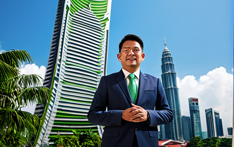 **Main Subject:** A successful architect, standing confidently in front of a completed sustainable building project.
    **Clothing:** Fully clothed in a professional, modern business suit, appropriate attire.
    **Environment:** Bright, sunny day, showcasing the building's innovative design and green features. Kuala Lumpur skyline in the background.
    **Quality Modifiers:** Professional photography, perfect anatomy, correct proportions, well-formed hands, natural pose, safe for work, appropriate content, fully clothed, professional.