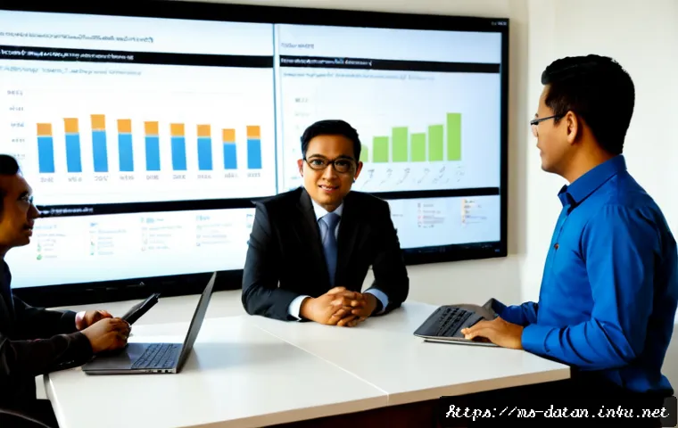 데이터 분석 보고서 발표 기술 - Photorealistic Malaysian business analyst presenting a data analysis report to a small diverse offic...